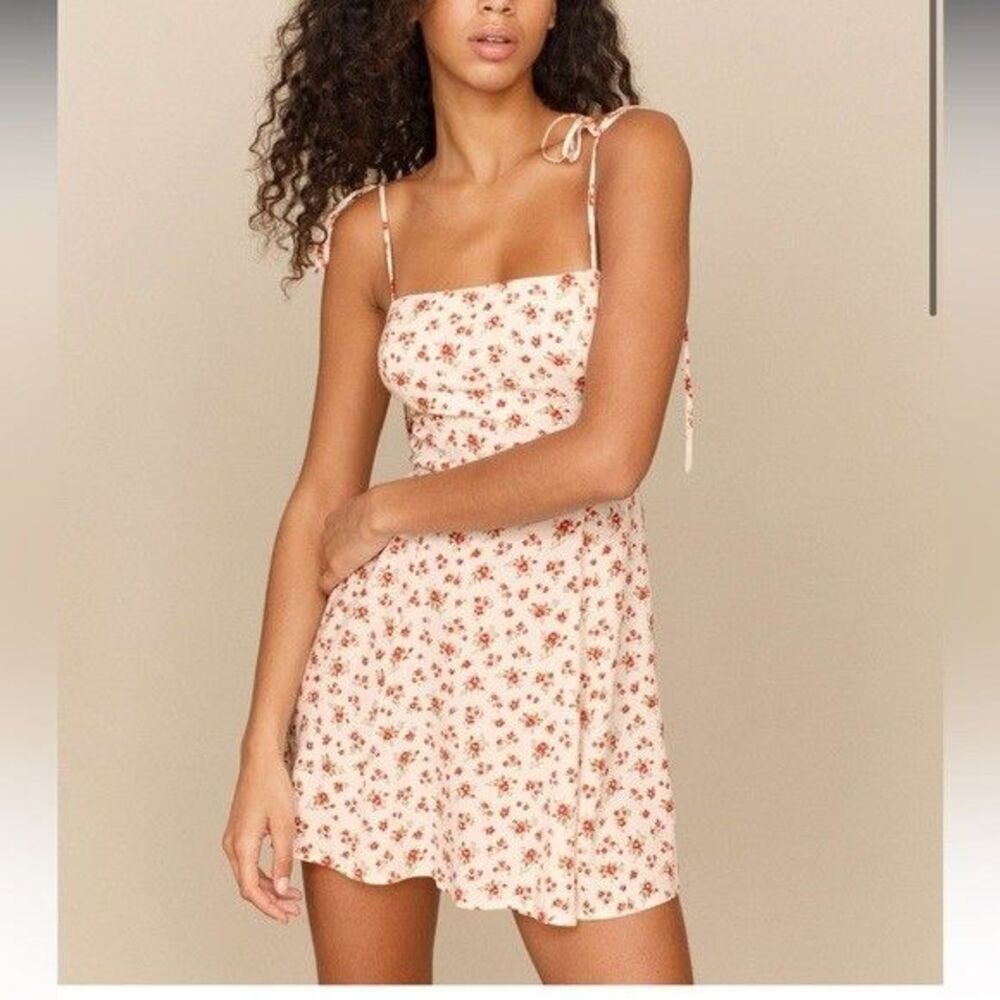 Reformation Bisque Micro Floral Mini Dress 0 Red White Square Neck Tie Strap